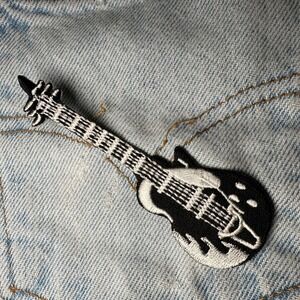 Electric Guitar Patch Embroidered Iron‎ On Patch Black White Music Rockabilly